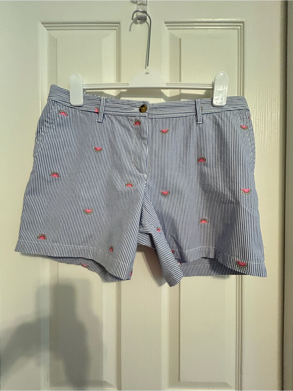 Talbots Blue & White Stripe Shorts with Pink Watermelon Embroidery